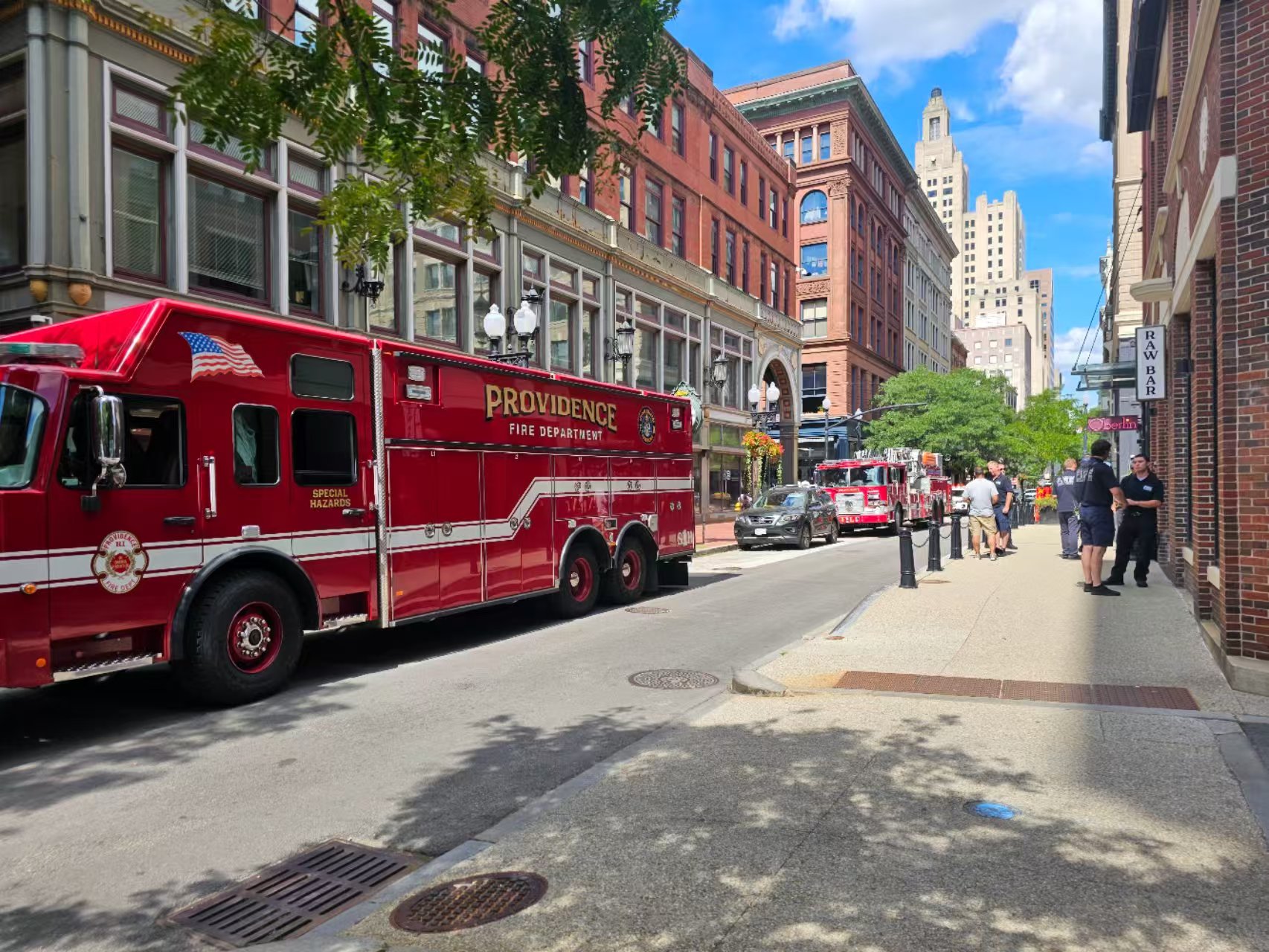 Downtown Providence street scene with a fire truck